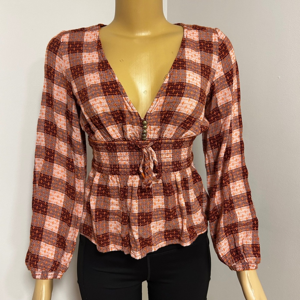 Pilcro‎ Plaid V Neck Smocked Waist Tie Front Long Sleeve Peplum Top XS